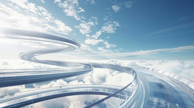 A futuristic highway overpass with many curves and spirals, leading to the horizon in a blue sky with clouds.