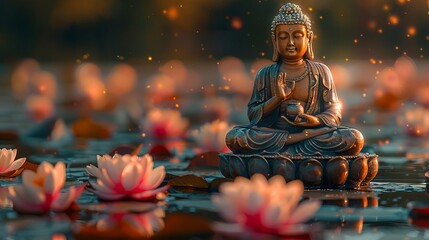 Close-Up of Buddha Statue with Candlelight, Lotus Flowers and Candles in Water, Vesak, Lent Concept