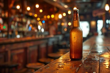 Empty beer bottle on a bar counter with a lively pub scene