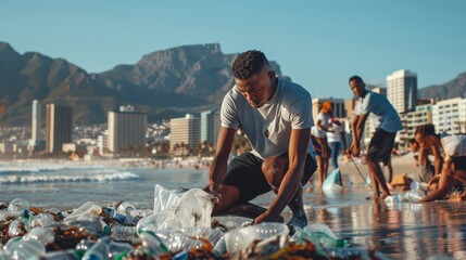 A young man cleaning up plastic waste on the beach.