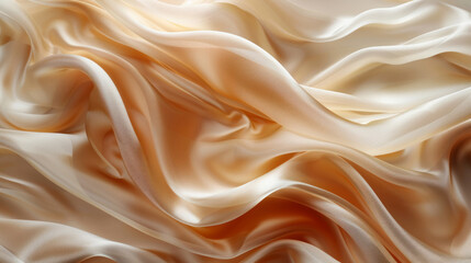 Obraz premium A beautiful background features smooth peach fuzz fabric with folds, texture, and pattern, presenting an elegant light brown silk cloth in natural color for design, cover, or presentation.