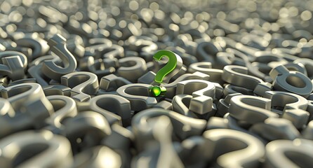 Obraz premium 3D green question mark in the center of an endless pile of gray question.