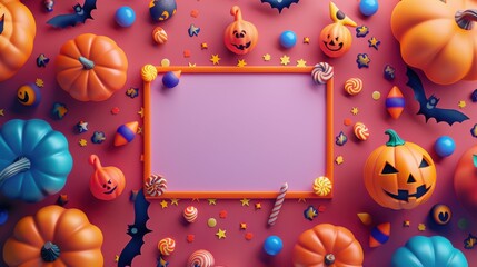A cute 3D illustration in a minimalist style with a blank backdrop surrounded by Halloween-themed elements such as grinning pumpkins, flying witches, and vibrant candy, creating a fun and inviting