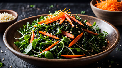 seaweed salad vibrant greens rustic bowl arugula garnish shredded carrots sesame seeds sprinkle. ai