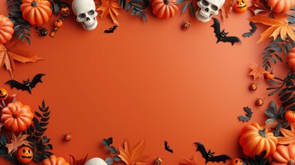 Fototapeta premium A charming 3D render in a minimalist style featuring a blank backdrop bordered by Halloween decorations like happy skeletons, tiny bats, and bright orange pumpkins, creating a playful and inviting