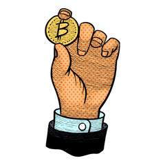Fototapeta premium hand holding bitcoin coin hand drawn halftone color vector illustration
