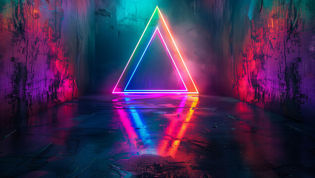3d render, neon light triangle, virtual reality, triangular esoteric portal, tunnel, corridor, ultraviolet abstract background, laser show stage, fashion catwalk podium, road, way, floor reflection