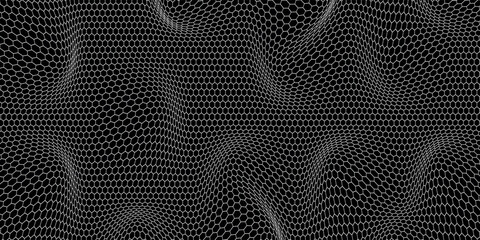 Dark gray abstract wide horizontal banner with carbon fiber grid of hexagons and glowing lines. vector illustration.