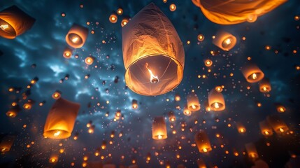 Obraz premium Glowing Sky Lanterns Floating At Sky At Night, Vesak, Buddhist Lent Concept