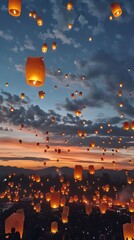 Naklejka premium Glowing Sky Lanterns Floating At Sky At Night, Vesak, Buddhist Lent Concept