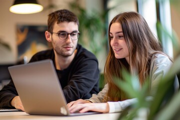 young business man and woman working together on laptop in the office, with copy space for text.