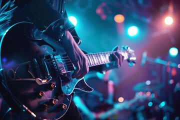 Music band group perform on a concert stage. Guitarist on stage for background, soft and blur...