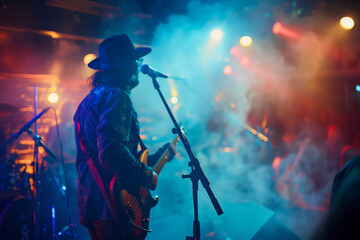 Music band group perform on a concert stage. Guitarist on stage for background, soft and blur...