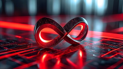 Futuristic infinity symbol, glowing in red and black, abstract, tech-themed poster, innovation. Generative AI
