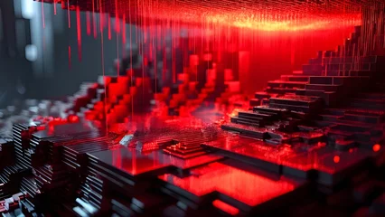 Canvas schilderij Rood "Abstract red digital landscape, intricate and glowing, striking tech visualization or wallpaper". Generative AI  © Janis