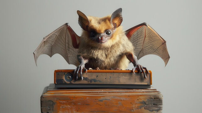 A photo of, a bat eerie playing a theremin, isolated on a light slate gray background