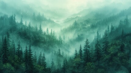 Misty Mountains and Mysterious Green Spruce Forest