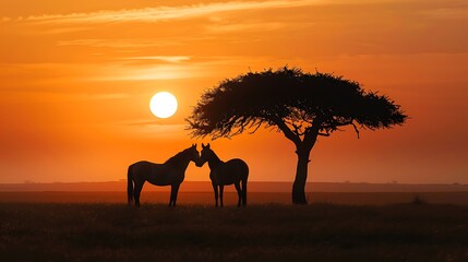 Binocular figure a pair of horses and a tree set over the falling sun