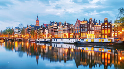Fototapeta premium Amsterdam’s canals and historic buildings softly illuminated by early morning light