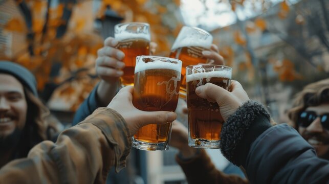 Friends toasting beer glasses in a beer garden