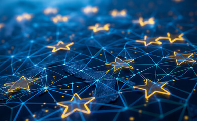 Abstract digital representation of the European Union with stars and network connections.