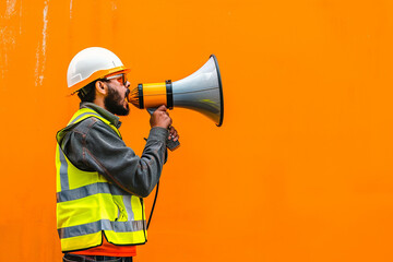 A construction worker in a reflective vest and hard hat using a megaphone against an orange background, representing communication and safety.
