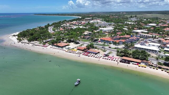 Coroa Vermelha Beach At Santa Cruz Cabralia Bahia Brazil. Bird Eye View Of A Amazing Coastal Beach In The Summer Holiday. Shore Sky Beach Sea. Shorepanorama. Santa Cruz Cabralia Bahia.