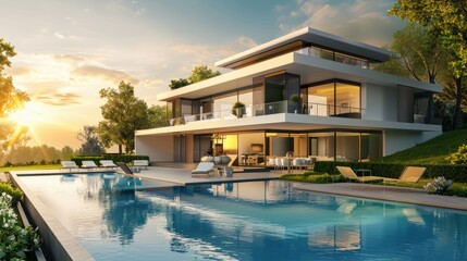 Fototapeta premium Modern luxury villa with stunning infinity pool and breathtaking sunset view