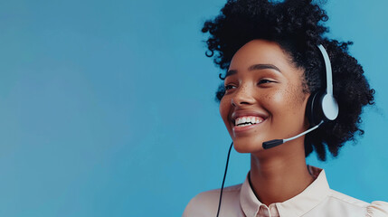 A smiling customer service representative wearing a headset against a blue background, symbolizing communication and support.