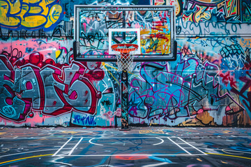 Obraz premium Graffiti-covered basketball court with vibrant backboard