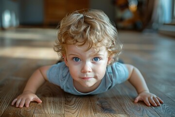 Young boy doing a push-up exercise on the floor.