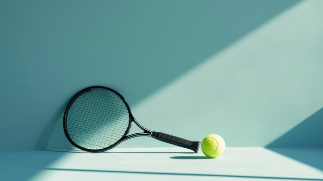 Tennis racket and ball in minimal bright blue studio setting