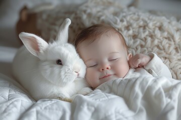 White bunny lying in bed next to toddler girl.