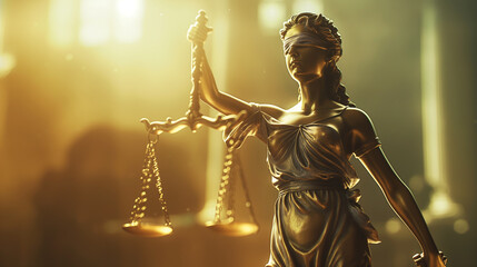 Obraz premium Statue of Lady Justice holding scales with a golden background.