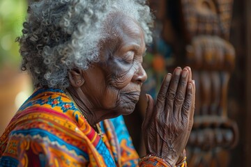 Old black woman praying God.