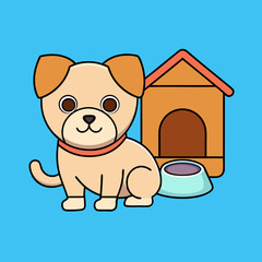 Cartoon puppy with a dog house and food bowl vector art illustration