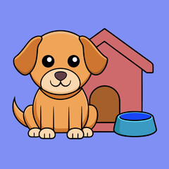 Cartoon puppy with a dog house and food bowl vector art illustration