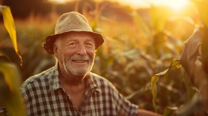 Obraz premium Portrait of old farmer wearing hat in corn field.