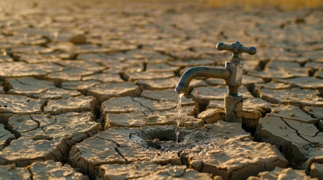 A water faucet dripping on cracked, dry earth, symbolizing drought and water scarcity in arid conditions
