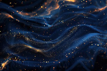 A vibrant digital artwork depicting flowing, shimmering waves of blue and golden particles, creating an abstract cosmic-like effect with a sense of motion and depth