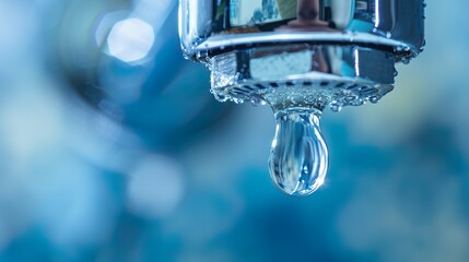 A close-up image capturing a drop of water leaking from a faucet