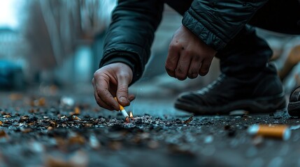 A person lighting a cigarette on the ground. 