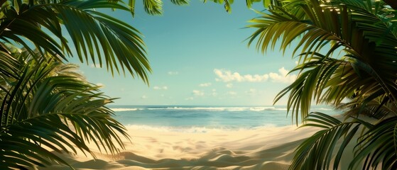 Tropical beach scene with turquoise water, clear blue sky, and surrounding palm trees framing the sandy shore