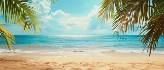 A serene tropical beach scene with golden sand, calm turquoise waters, and palm leaves framing the view on a sunny day