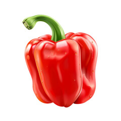 A vibrant red bell pepper with a green stem, showing water droplets on its surface, isolated on a transparent background