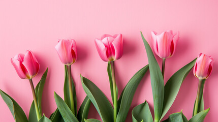 Obraz premium Soft pink tulips with green leaves on a matching pink background.