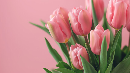 Fototapeta premium Soft pink tulips with green leaves on a matching pink background.