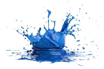 A vivid splash of blue liquid with droplets scattering in various directions, creating a dynamic and energetic scene