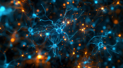 Abstract visualization of neural connections with glowing blue and orange nodes.