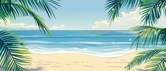 Obraz premium Scenic beach with gentle waves, clear skies, and lush palm leaves framing the view, evoking a serene tropical paradise